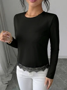 Elenzga 女款優雅春秋透視蕾絲露背設計套頭長袖寬鬆版型T恤 - 黑色 - 查看 3