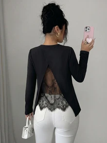Elenzga 女款優雅春秋透視蕾絲露背設計套頭長袖寬鬆版型T恤 - 黑色 - 查看 4