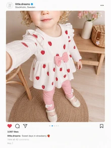 Elladie kids 2件組女嬰上衣+長褲套裝，可愛甜美粉白草莓印花，蝴蝶結荷葉邊羅紋長袖圓領，休閒派對秋季假期時尚款 - 彩色 - 查看 11