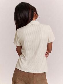 SHEIN BAE 女款條紋前綁帶設計休閒日常穿著襯衫 早午餐商務風 藍白條紋 夏季 - 杏色 - 查看 2