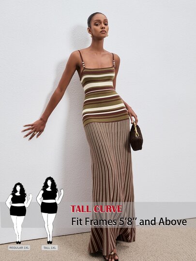 SHEIN Tall CURVE Plus Size Women's Striped Beaded Trim Fitted Spaghetti Strap Knit Dress