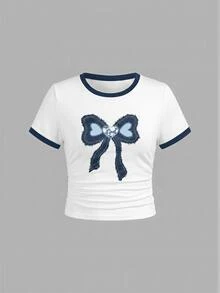 SHEIN Girlism Tween Girl Casual Y2k Cute Street Fashion White T-Shirt With Leopard Print Bow Leopard Print Pants Set Back-To-School School Career Aqua Blue Summer - Multicolor - View 3