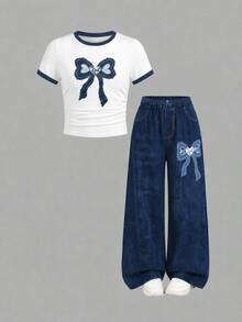 SHEIN Girlism Tween Girl Casual Y2k Cute Street Fashion White T-Shirt With Leopard Print Bow Leopard Print Pants Set Back-To-School School Career Aqua Blue Summer - Multicolor - View 1