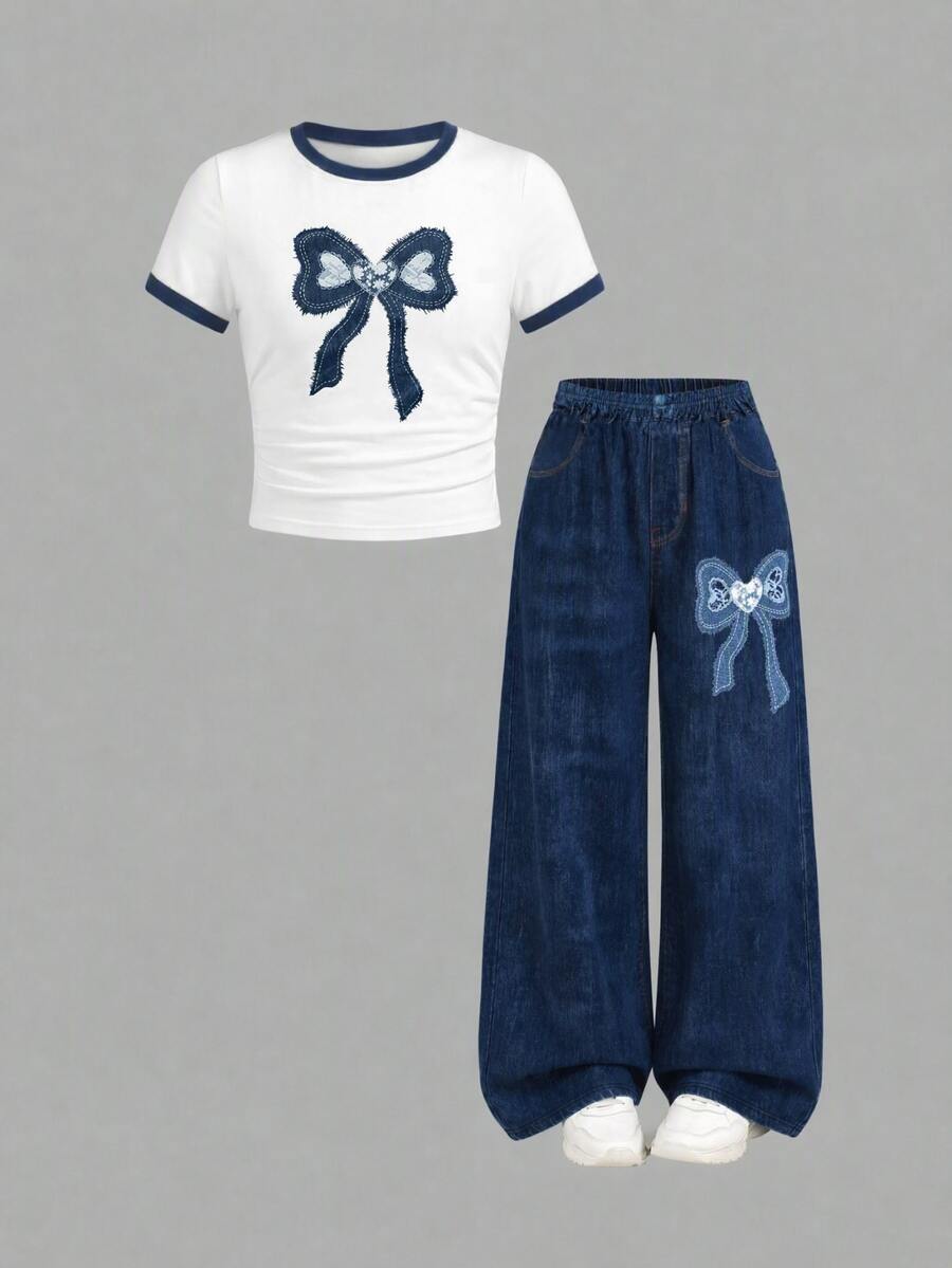 SHEIN Girlism Tween Girl Casual Y2k Cute Street Fashion White T-Shirt With Leopard Print Bow Leopard Print Pants Set Back-To-School School Career Aqua Blue Summer - Multicolor - View 1