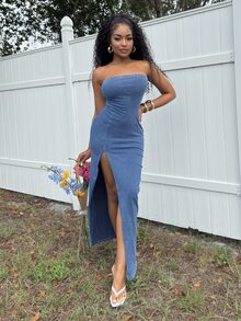 Alexandranx 女式休闲修身高开叉牛仔吊带背心连衣裙，蓝色高弹针织牛仔布 - 淺色水洗藍 - 查看 4