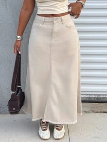 Alexandranx Women's Loose Casual Denim Skirt With Frayed Hem, Autumn - Khaki - View 3