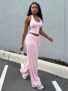 Alexandranx Women's Soft Knit Light Pink Casual Pants, Spring/Summer Wide Leg Sweatpants Comfy Pants Pink Sweatpants - Baby Pink - View 5