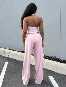 Alexandranx Women's Soft Knit Light Pink Casual Pants, Spring/Summer Wide Leg Sweatpants Comfy Pants Pink Sweatpants - Baby Pink - View 2