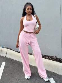 Alexandranx Women's Soft Knit Light Pink Casual Pants, Spring/Summer Wide Leg Sweatpants Comfy Pants Pink Sweatpants - Baby Pink - View 6