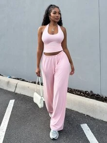 Alexandranx Women's Soft Knit Light Pink Casual Pants, Spring/Summer Wide Leg Sweatpants Comfy Pants Pink Sweatpants - Baby Pink - View 1
