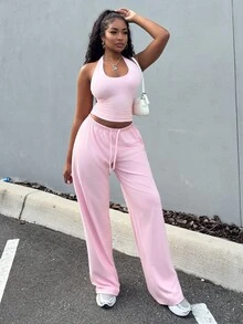 Alexandranx Women's Soft Knit Light Pink Casual Pants, Spring/Summer Wide Leg Sweatpants Comfy Pants Pink Sweatpants - Baby Pink - View 4