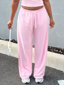 Alexandranx Women's Soft Knit Light Pink Casual Pants, Spring/Summer Wide Leg Sweatpants Comfy Pants Pink Sweatpants - Baby Pink - View 3