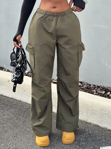 Alexandranx 女士夏季街头复古西部风 Y2K 低腰降落伞工装裤 - 軍綠色 - 查看 4