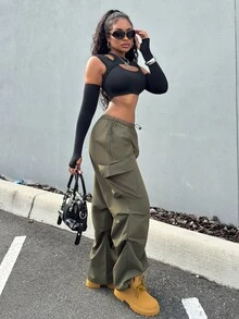 Alexandranx 女士夏季街头复古西部风 Y2K 低腰降落伞工装裤 - 軍綠色 - 查看 6