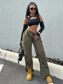 Alexandranx 女士夏季街头复古西部风 Y2K 低腰降落伞工装裤 - 軍綠色 - 查看 5