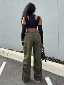Alexandranx 女士夏季街头复古西部风 Y2K 低腰降落伞工装裤 - 軍綠色 - 查看 3