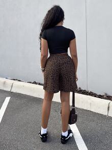Alexandranx Loose Fashionable Women Leopard Print Corduroy Shorts With Elastic Waistband And Pockets - Coffee Brown - View 2