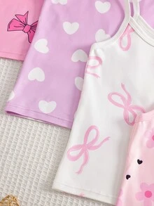 SHEIN 4件組女童無袖內搭背心，嬰兒粉與白色圓領針織柔軟底層，愛心花朵蝴蝶結印花，冬季周歲生日適用 - 彩色 - 查看 6