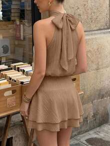 Pariaura Halter Tie Waist Dress, Textured Fabric With Back Big Bow & Double Ruffle Hem - Khaki - View 2