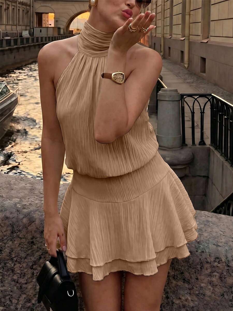 Pariaura Halter Tie Waist Dress, Textured Fabric With Back Big Bow & Double Ruffle Hem - Khaki - View 1