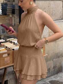 Pariaura Halter Tie Waist Dress, Textured Fabric With Back Big Bow & Double Ruffle Hem - Khaki - View 3