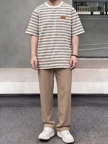 SHEIN 2件組青少年男童休閒條紋圓領套頭短袖寬鬆T恤與直筒寬鬆口袋長褲套裝 - 彩色 - 查看 7