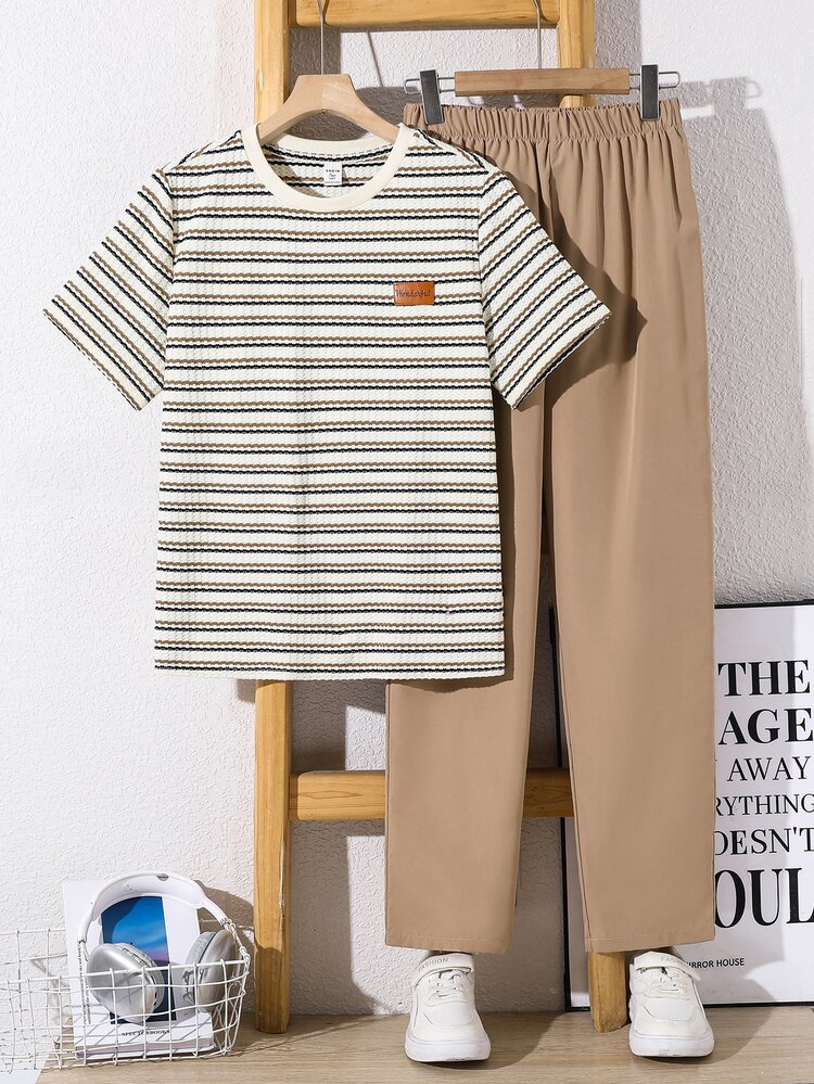 SHEIN 2pcs Teen Boy/Teen Boys Casual Striped Crew Neck Pullover Short Sleeve Loose T-Shirt And Straight Leg Loose Pocket Pants Set - Multicolor - View 1