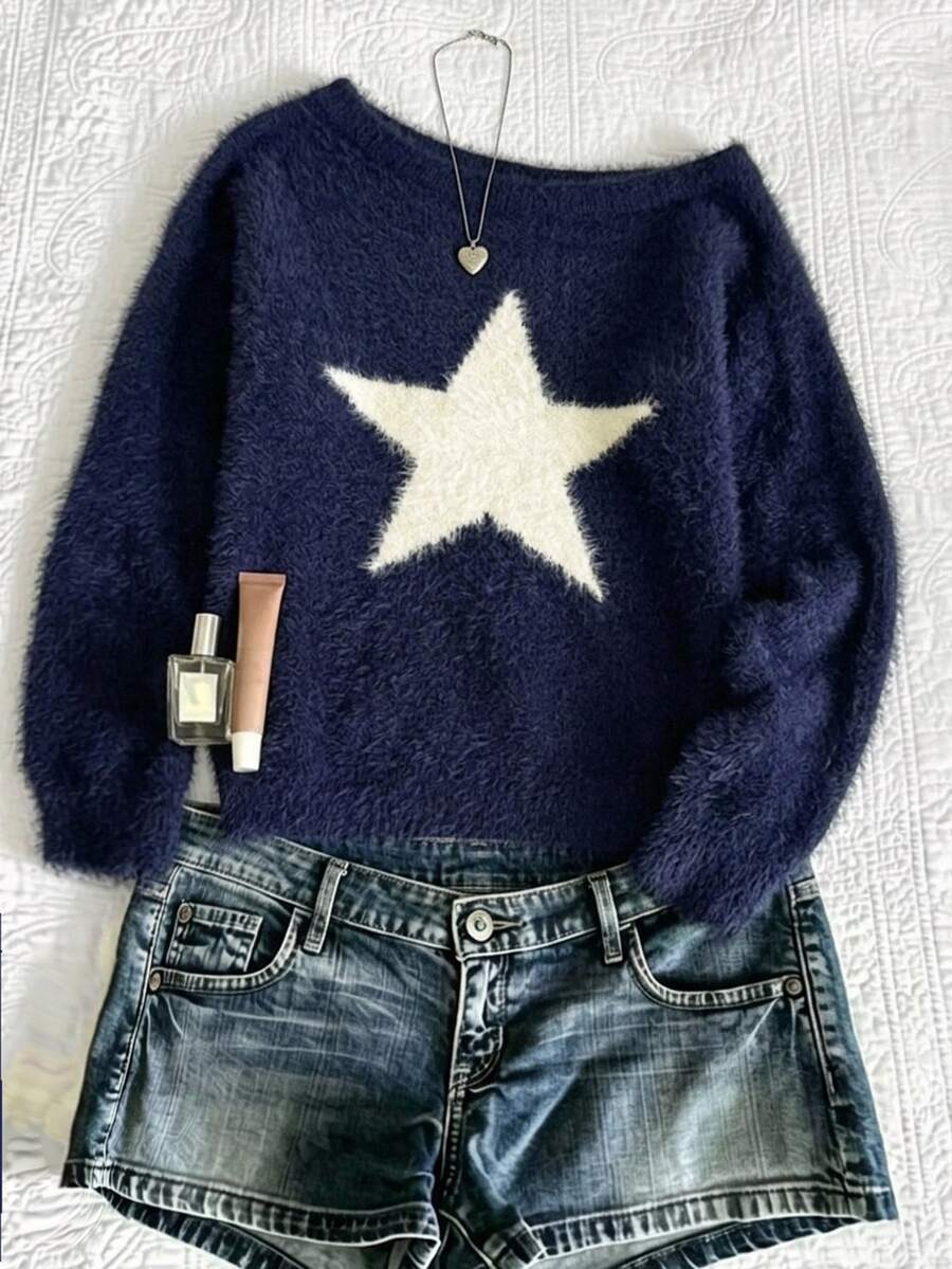SHEIN 青少年女孩秋冬休閒居家星星圖案露肩套頭寬鬆落肩長袖針織衫 - 藍白色 - 查看 1