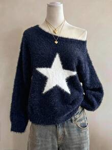 SHEIN 青少年女孩秋冬休閒居家星星圖案露肩套頭寬鬆落肩長袖針織衫 - 藍白色 - 查看 5