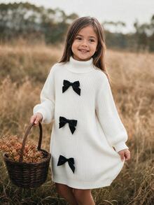 Emery Rose Kids Emery Rose Kids 女童 1件高領蝴蝶結裝飾落肩針織洋裝 - 白色 - 查看 2