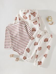 SHEIN Playful Pals 3件組男嬰可愛數位印花熊耳毛絨外套、條紋肩長袖連身衣與熊圖案棕色毛絨長褲休閒套裝，適合外出或舒適冬季穿搭 - 彩色 - 查看 3