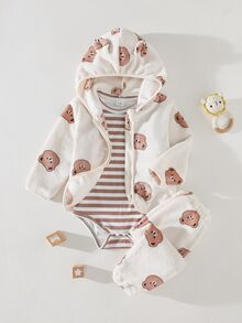 SHEIN Playful Pals 3件組男嬰可愛數位印花熊耳毛絨外套、條紋肩長袖連身衣與熊圖案棕色毛絨長褲休閒套裝，適合外出或舒適冬季穿搭 - 彩色 - 查看 4