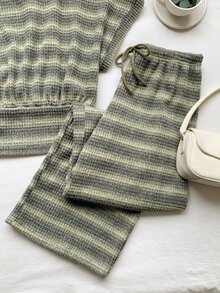 Comfortcana 條紋不對稱領上衣與長褲休閒女款兩件套 - 彩色 - 查看 8