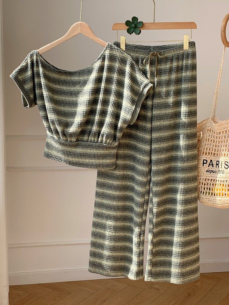 Comfortcana Striped Asymmetric Collar Top And Pants Casual Women's 2 Pieces Set - Multicolor - View 5