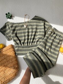 Comfortcana 條紋不對稱領上衣與長褲休閒女款兩件套 - 彩色 - 查看 3