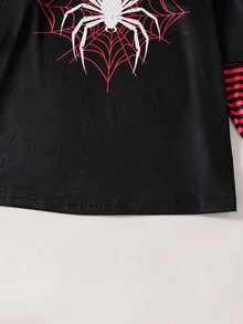 SHEIN Sparklyn 1件青少年音樂節街頭風基礎哥德龐克條紋拼接 2合1 哥德印花圓領寬鬆長袖T恤 - 彩色 - 查看 6