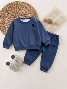 Newborn Baby Knight Pattern Long Sleeve Winter Top And Pants Casual Daily Outfit Set - Blue - View 3