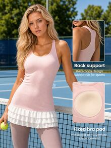 CourtClass Seamless Ribbed Cami Top Women Slim Fit Yoga Tank Top Ruffle Hem Summer Activewear - Pink - View 1