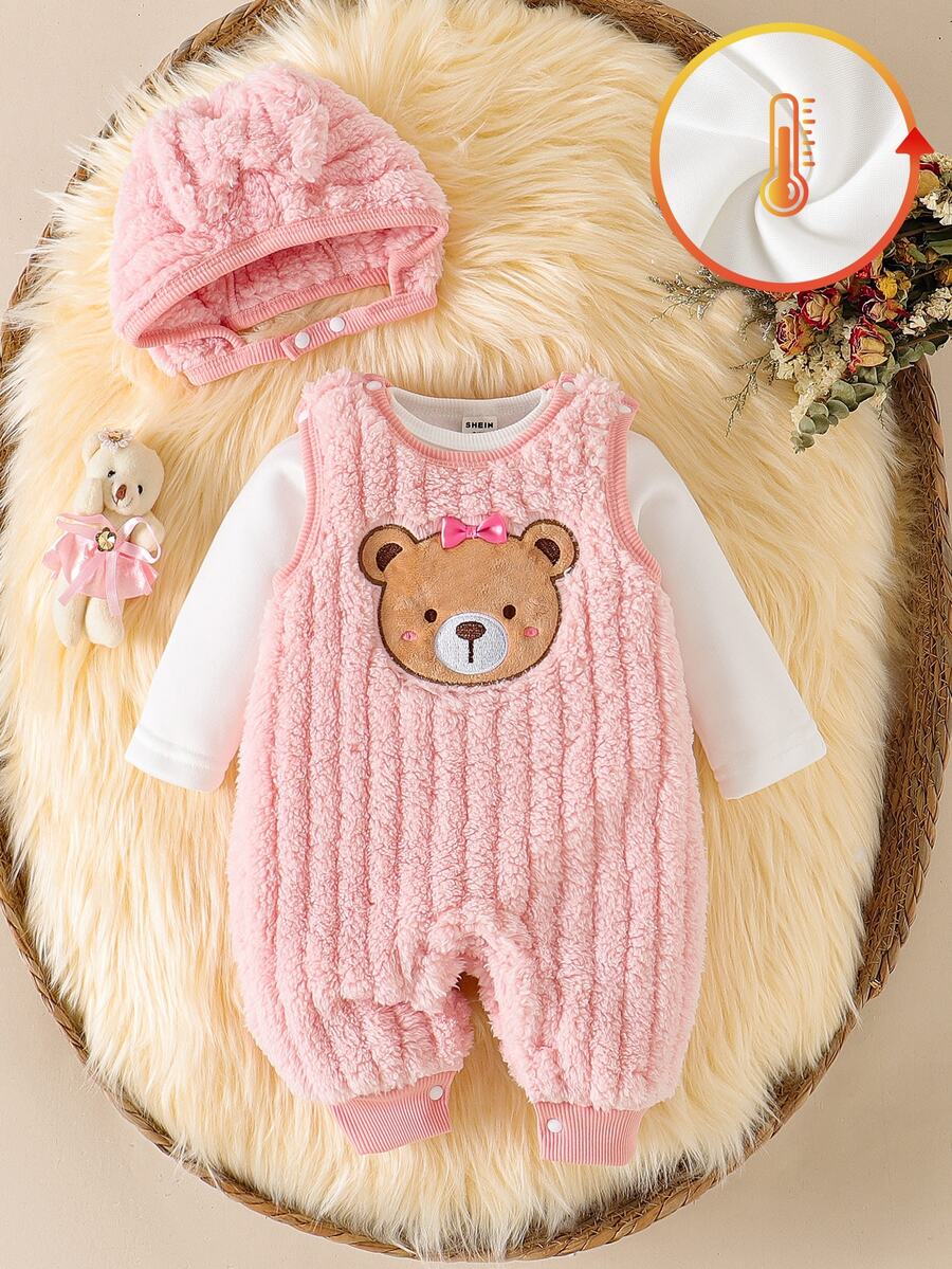 SHEIN 新生女嬰秋冬套裝，可愛卡通刺繡熊毛絨連身褲，3件式外出套裝