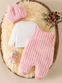SHEIN 新生女嬰秋冬套裝，可愛卡通刺繡熊毛絨連身褲，3件式外出套裝 - 彩色 - 查看 3
