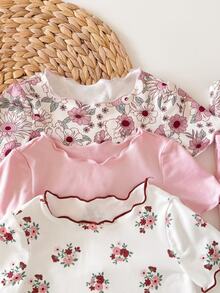 SHEIN Baby Girl Cute Bear & Floral Print Ruffle Trim Round Neck Short Sleeve Pants Casual Comfy Knitted Pajamas ,Random 12 Pieces, Send 6 Pieces - Pink - View 7