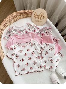 SHEIN Baby Girl Cute Bear & Floral Print Ruffle Trim Round Neck Short Sleeve Pants Casual Comfy Knitted Pajamas ,Random 12 Pieces, Send 6 Pieces - Pink - View 2