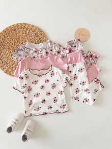 SHEIN Baby Girl Cute Bear & Floral Print Ruffle Trim Round Neck Short Sleeve Pants Casual Comfy Knitted Pajamas ,Random 12 Pieces, Send 6 Pieces - Pink - View 3