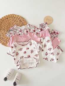 SHEIN Baby Girl Cute Bear & Floral Print Ruffle Trim Round Neck Short Sleeve Pants Casual Comfy Knitted Pajamas ,Random 12 Pieces, Send 6 Pieces - Pink - View 5