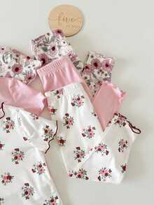 SHEIN Baby Girl Cute Bear & Floral Print Ruffle Trim Round Neck Short Sleeve Pants Casual Comfy Knitted Pajamas ,Random 12 Pieces, Send 6 Pieces - Pink - View 4