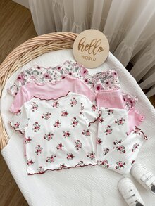 SHEIN Baby Girl Cute Bear & Floral Print Ruffle Trim Round Neck Short Sleeve Pants Casual Comfy Knitted Pajamas ,Random 12 Pieces, Send 6 Pieces - Pink - View 8