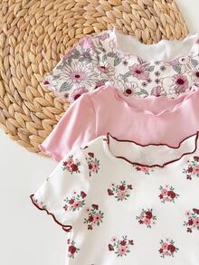 SHEIN Baby Girl Cute Bear & Floral Print Ruffle Trim Round Neck Short Sleeve Pants Casual Comfy Knitted Pajamas ,Random 12 Pieces, Send 6 Pieces - Pink - View 6