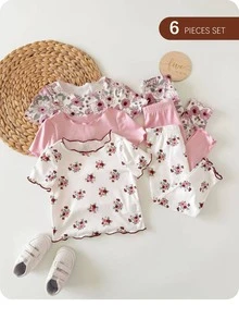 SHEIN Baby Girl Cute Bear & Floral Print Ruffle Trim Round Neck Short Sleeve Pants Casual Comfy Knitted Pajamas ,Random 12 Pieces, Send 6 Pieces - Pink - View 1