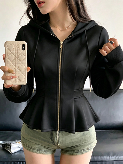 FRIFUL 女款素色長袖拉鍊休閒抽繩連帽衛衣