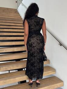 Alexandranx Gaun Panjang Elegan Model Cheongsam Berwarna Hitam dengan Tekstur Beludru Timbul dan Potongan Pas Badan, Cocok untuk Musim Semi dan Musim Panas, Gaun untuk Wanita di Musim Panas - Hitam - View 2